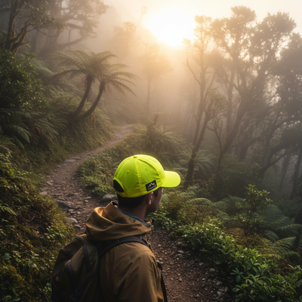 Enhanced Visibility Cap worn on a misty mountain trail at golden hour