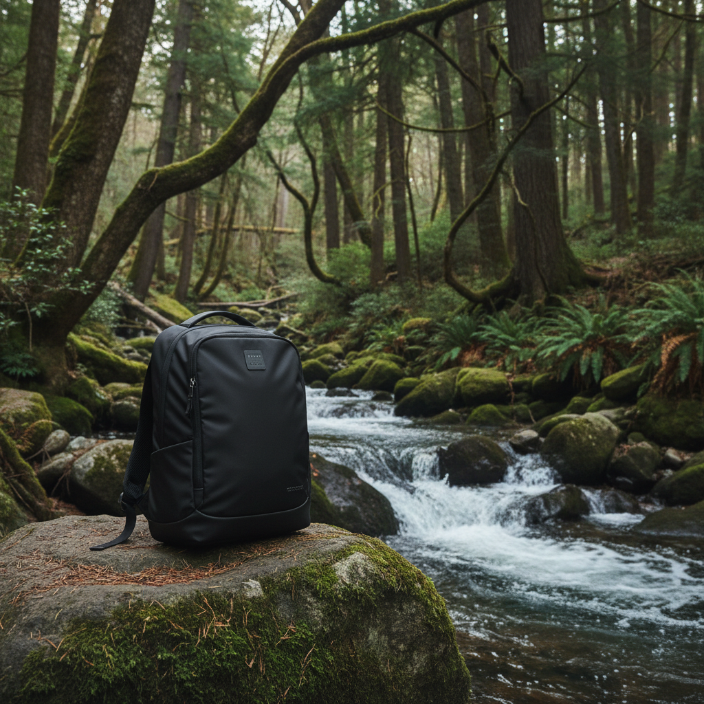 Oakley Nylon Backpack resting on a mossy rock beside a forest stream